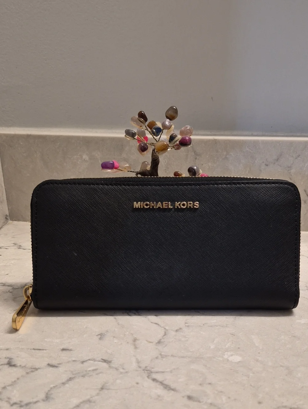 Michael Kors Black Zip-Around Saffiano Wallet with Gold Logo